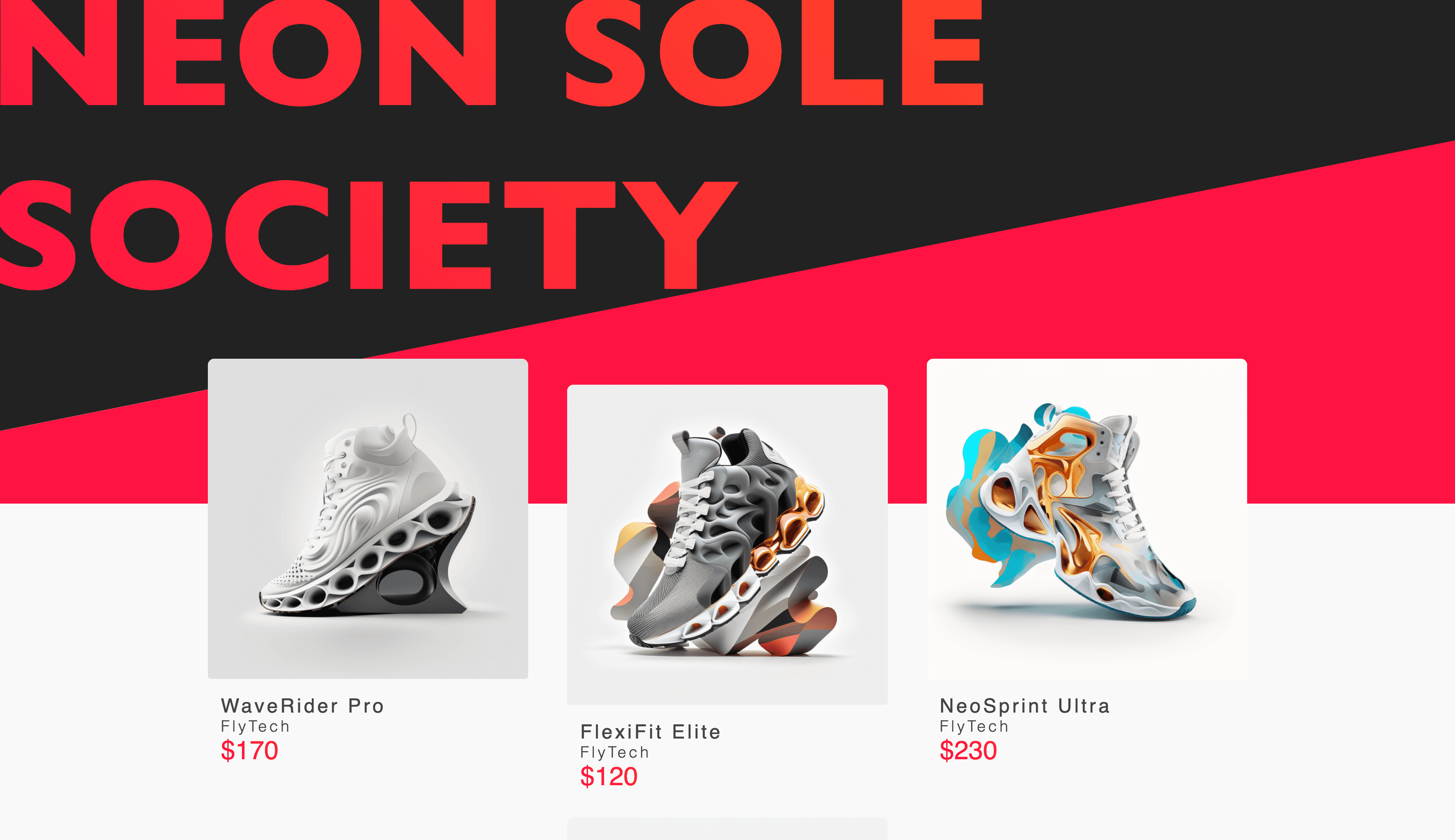 Screenshot of the overview page with a product grid for a futuristic sneaker store